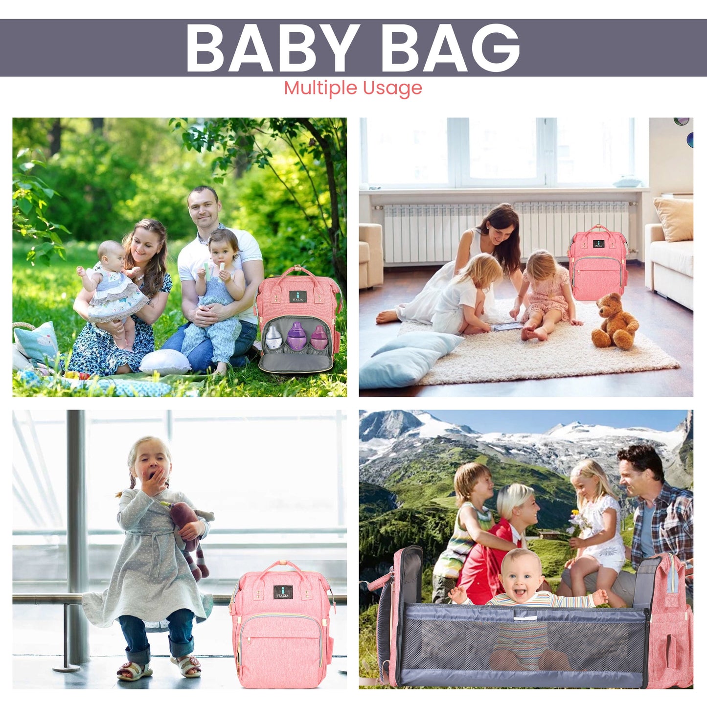 DB230-ITACIA Baby Diaper Bag Backpack With Changing Station-Pink