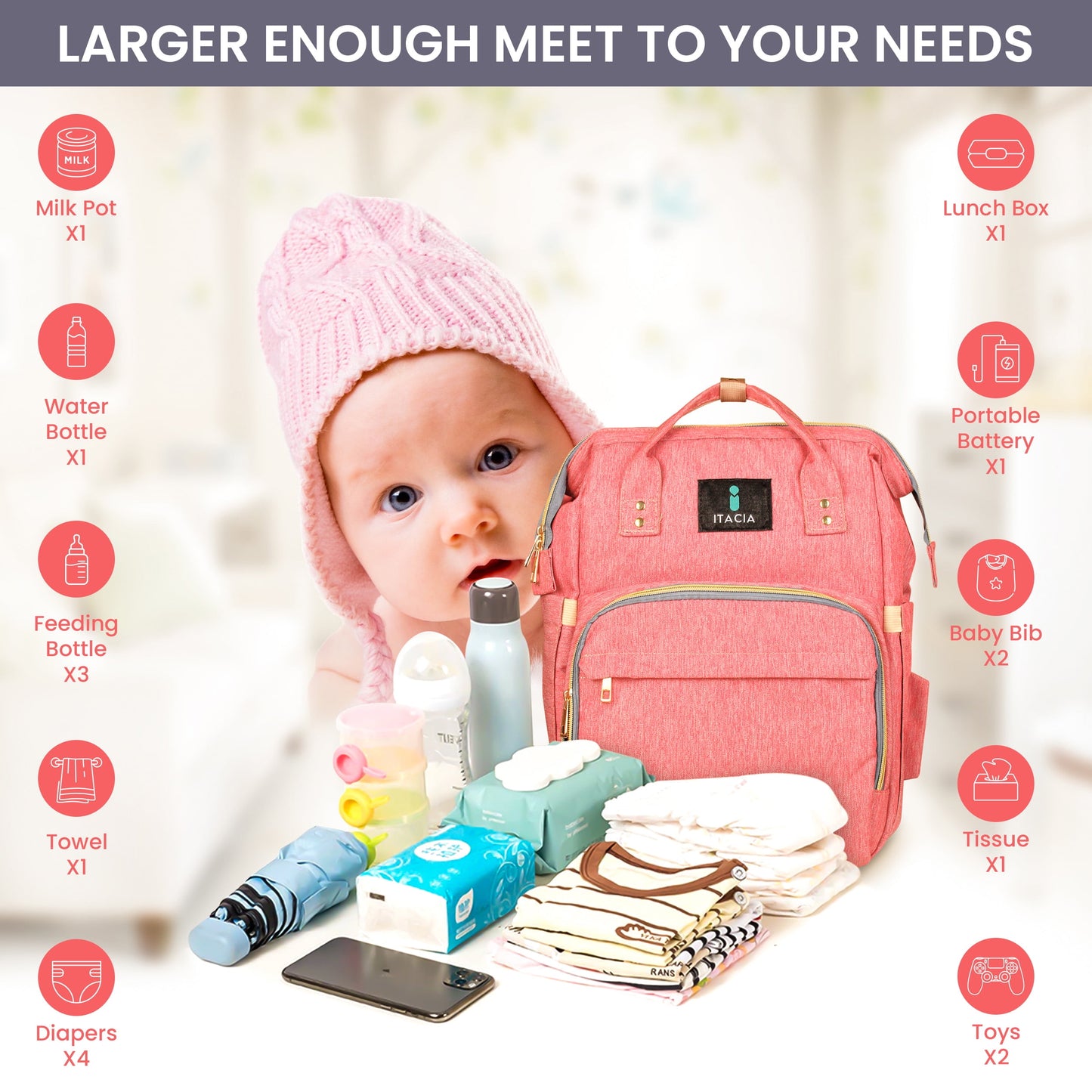 DB230-ITACIA Baby Diaper Bag Backpack With Changing Station-Pink