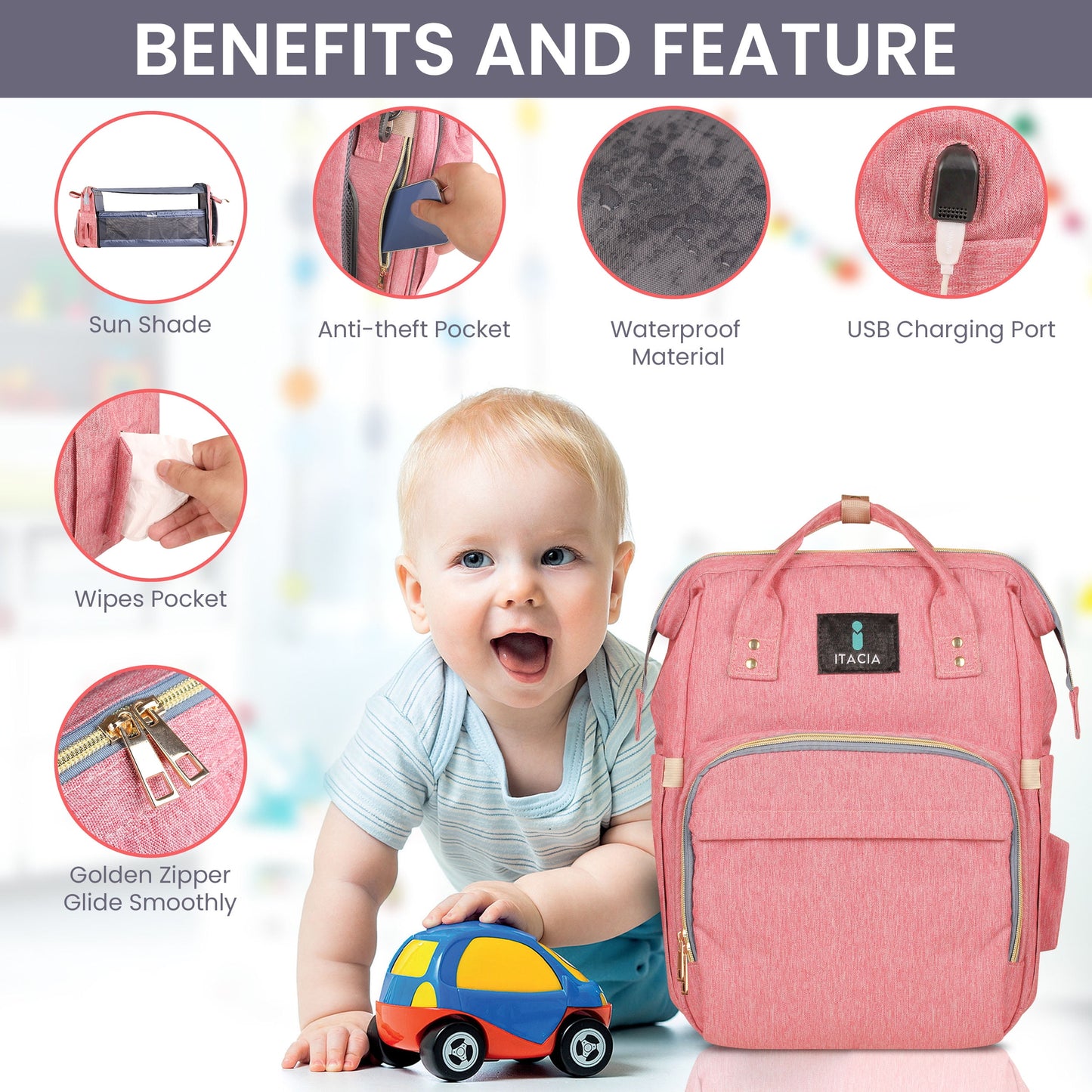 DB230-ITACIA Baby Diaper Bag Backpack With Changing Station-Pink