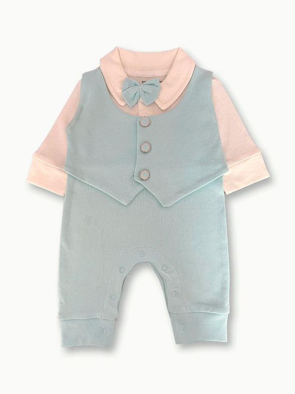 Sky Blue & White Waistcoat Tuxedo Romper (0-12M)