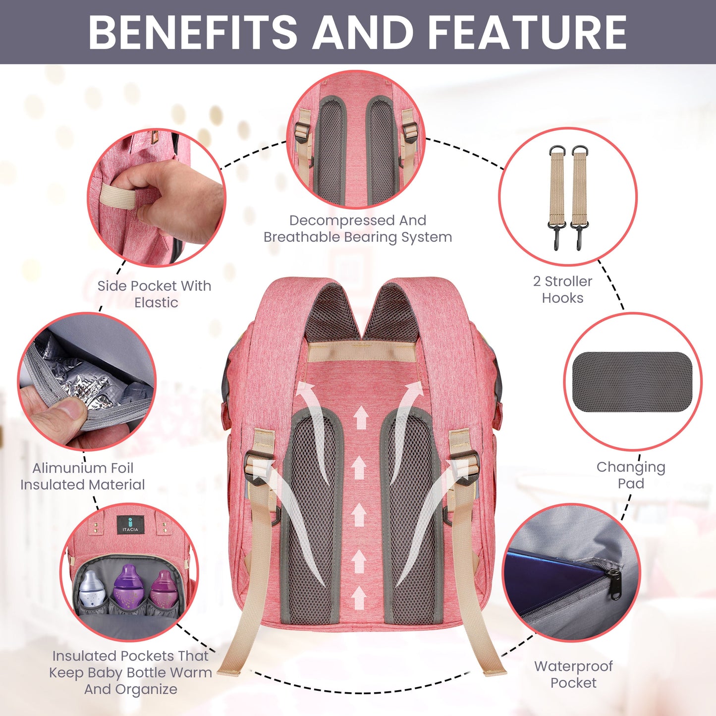 DB230-ITACIA Baby Diaper Bag Backpack With Changing Station-Pink