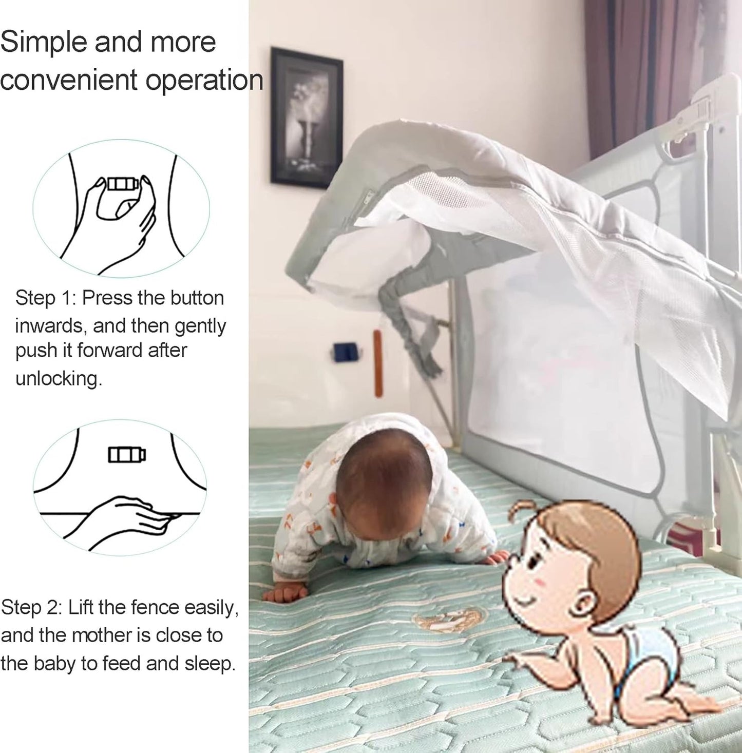 3-in-1 Portable Crib with Rails - Cot Sleeper for Baby in Bed - BZ-B-101
