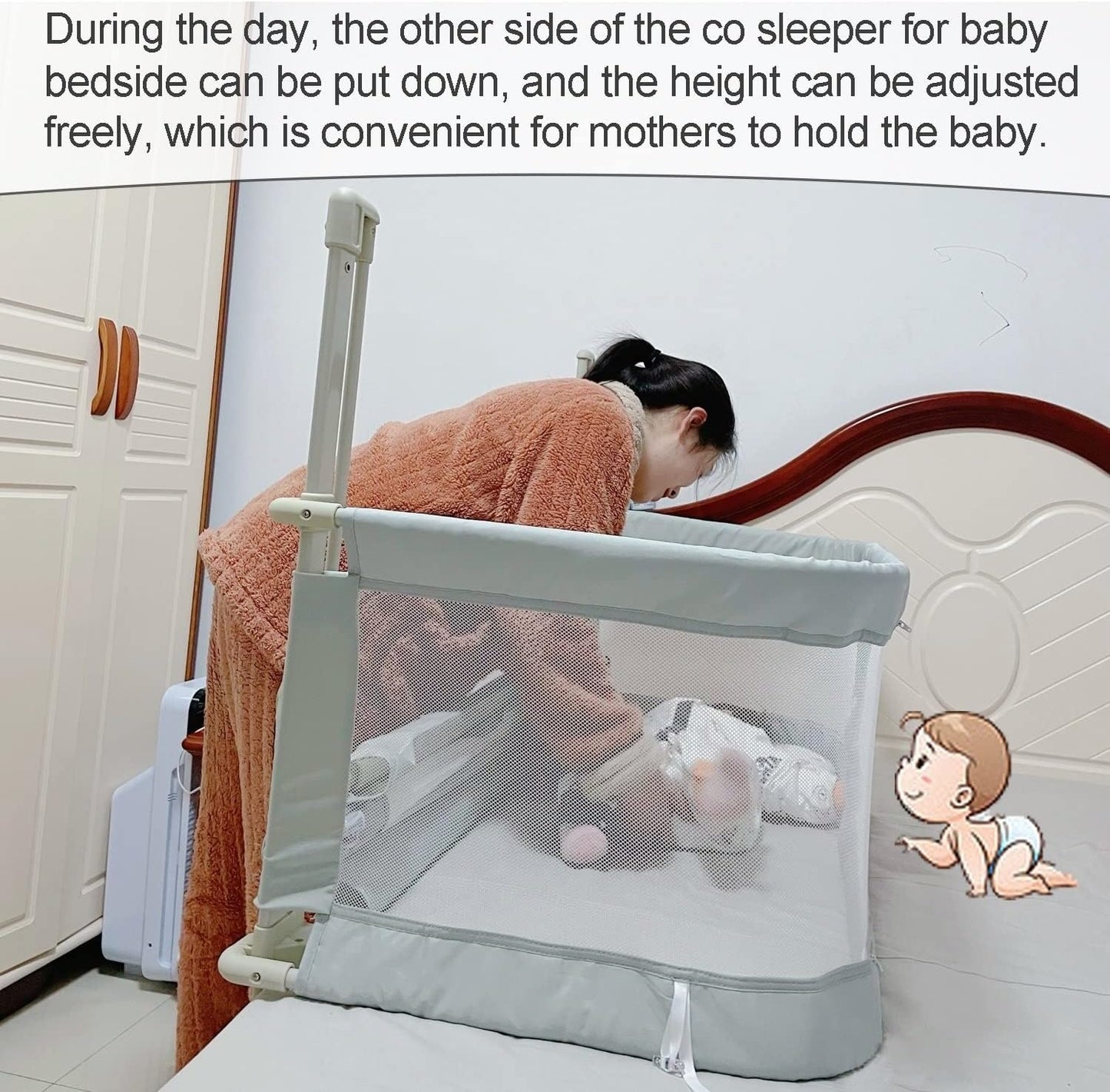 3-in-1 Portable Crib with Rails - Cot Sleeper for Baby in Bed - BZ-B-101