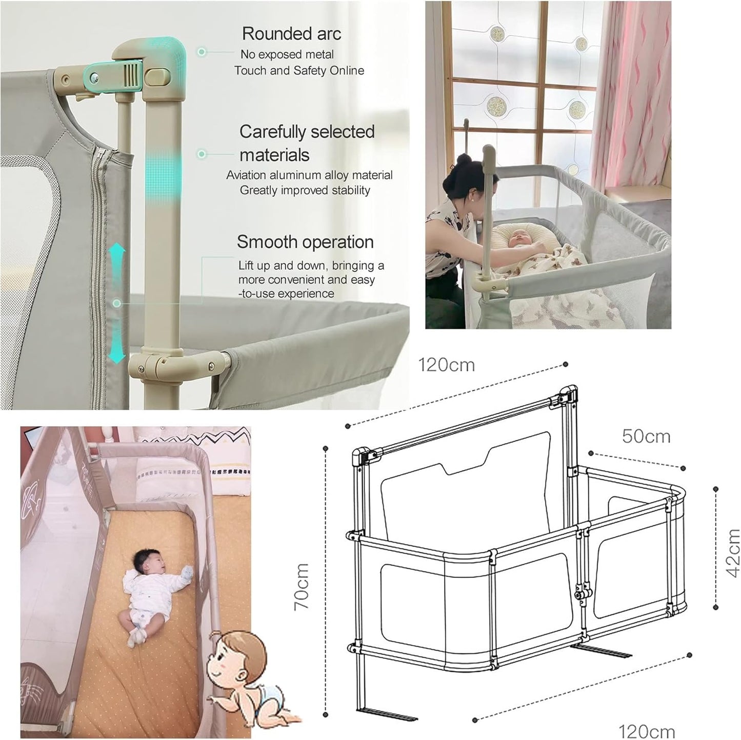 3-in-1 Portable Crib with Rails - Cot Sleeper for Baby in Bed - BZ-B-101