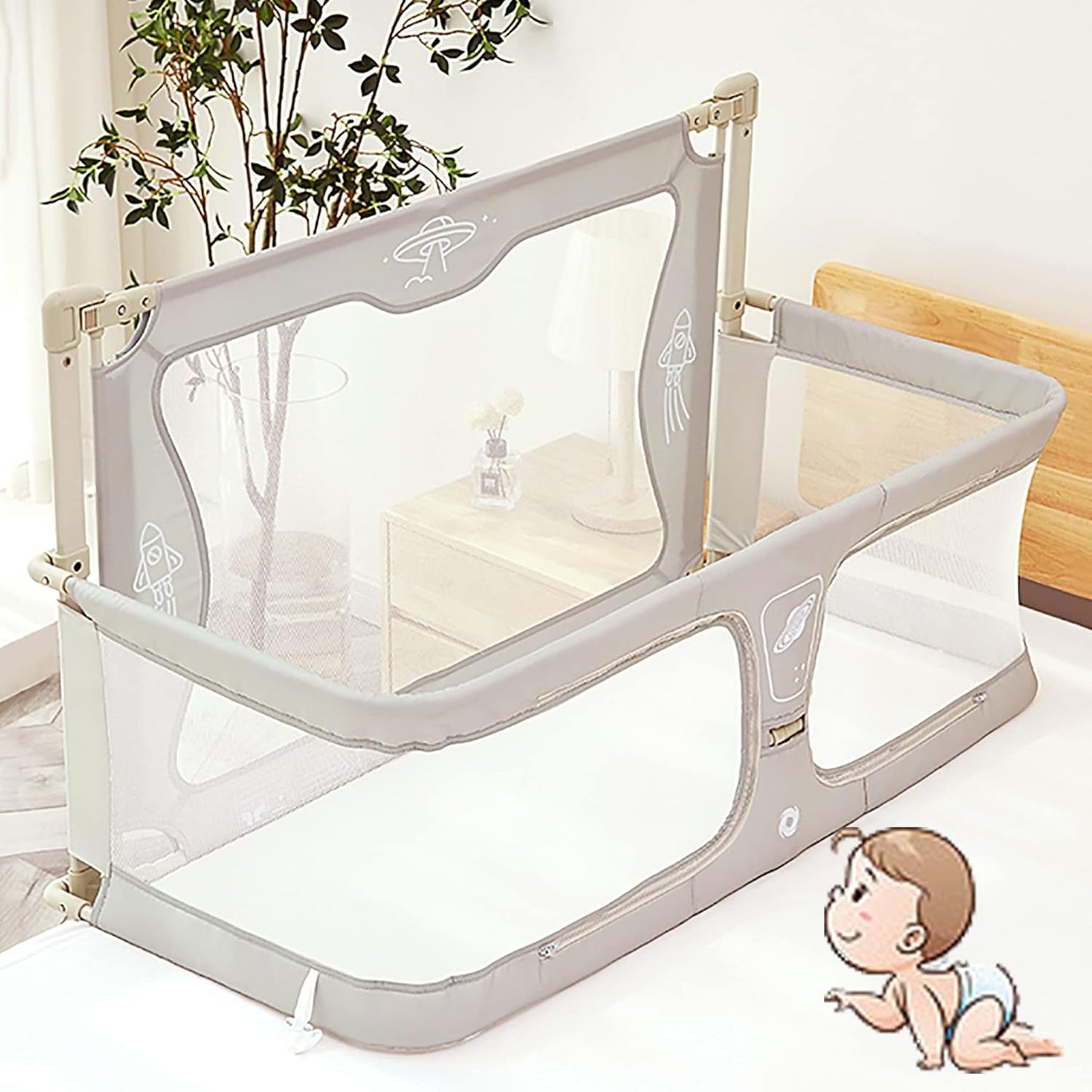 3-in-1 Portable Crib with Rails - Cot Sleeper for Baby in Bed - BZ-B-101