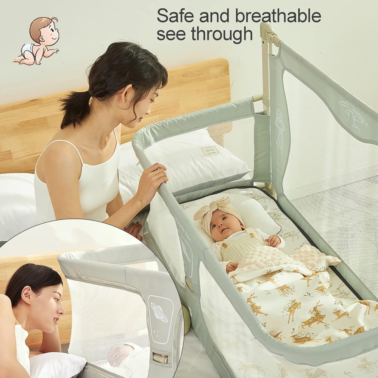 3-in-1 Portable Crib with Rails - Cot Sleeper for Baby in Bed - BZ-B-101