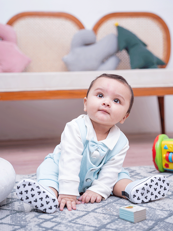 Sky Blue & White Waistcoat Tuxedo Romper (0-12M)