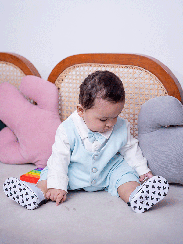Sky Blue & White Waistcoat Tuxedo Romper (0-12M)