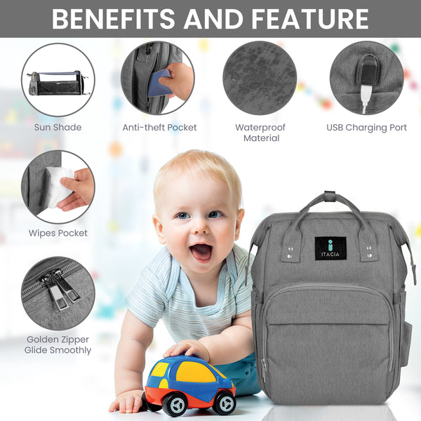 DB231-ITACIA Baby Diaper Bag Backpack With Changing Station-Grey