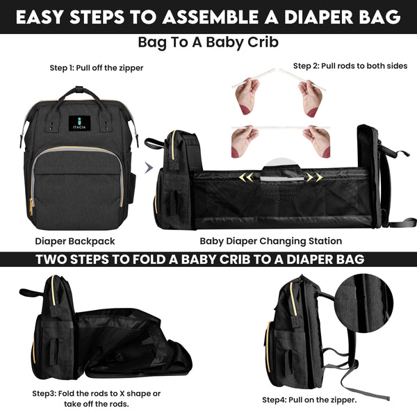 DB232-ITACIA Baby Diaper Bag Backpack With Changing Station-Black