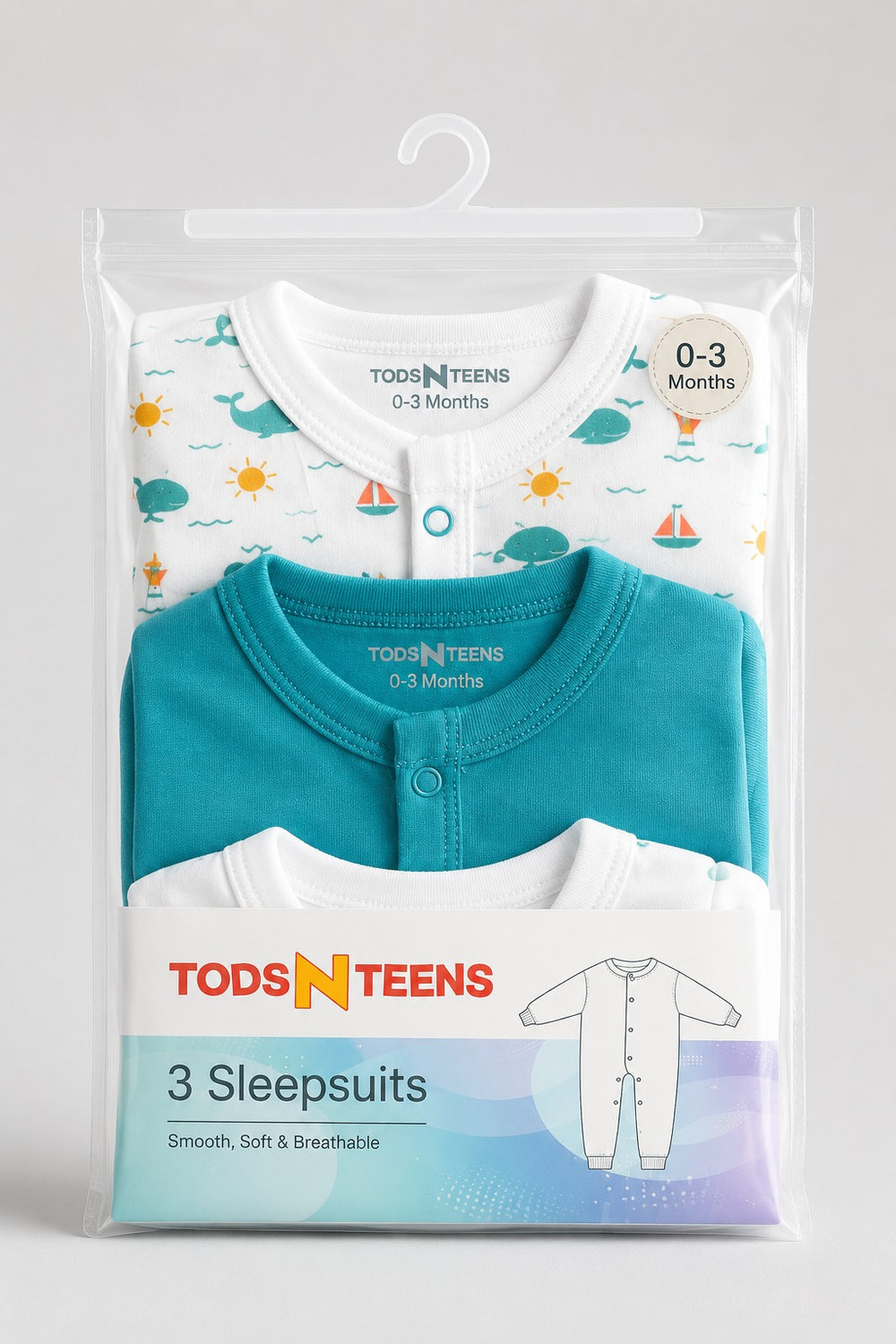 Pack of 3 All-Season Interlock Baby Sleepsuits (0–24 Months)