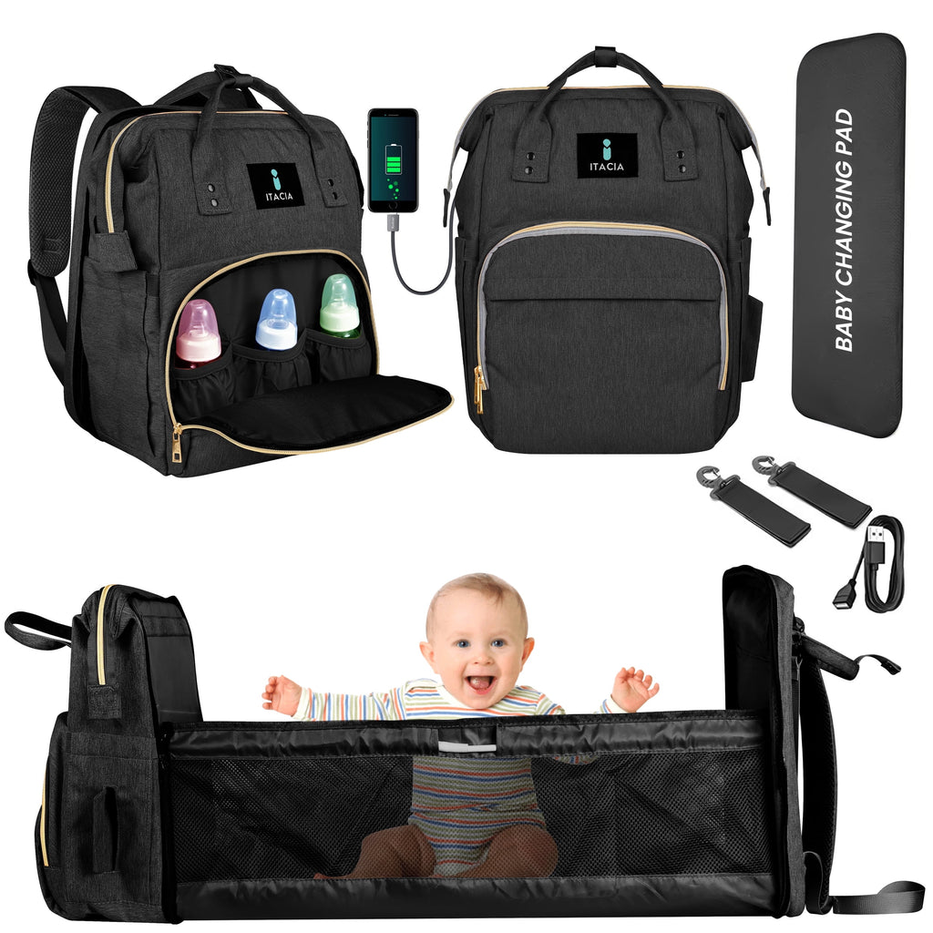 DB232-ITACIA Baby Diaper Bag Backpack With Changing Station-Black