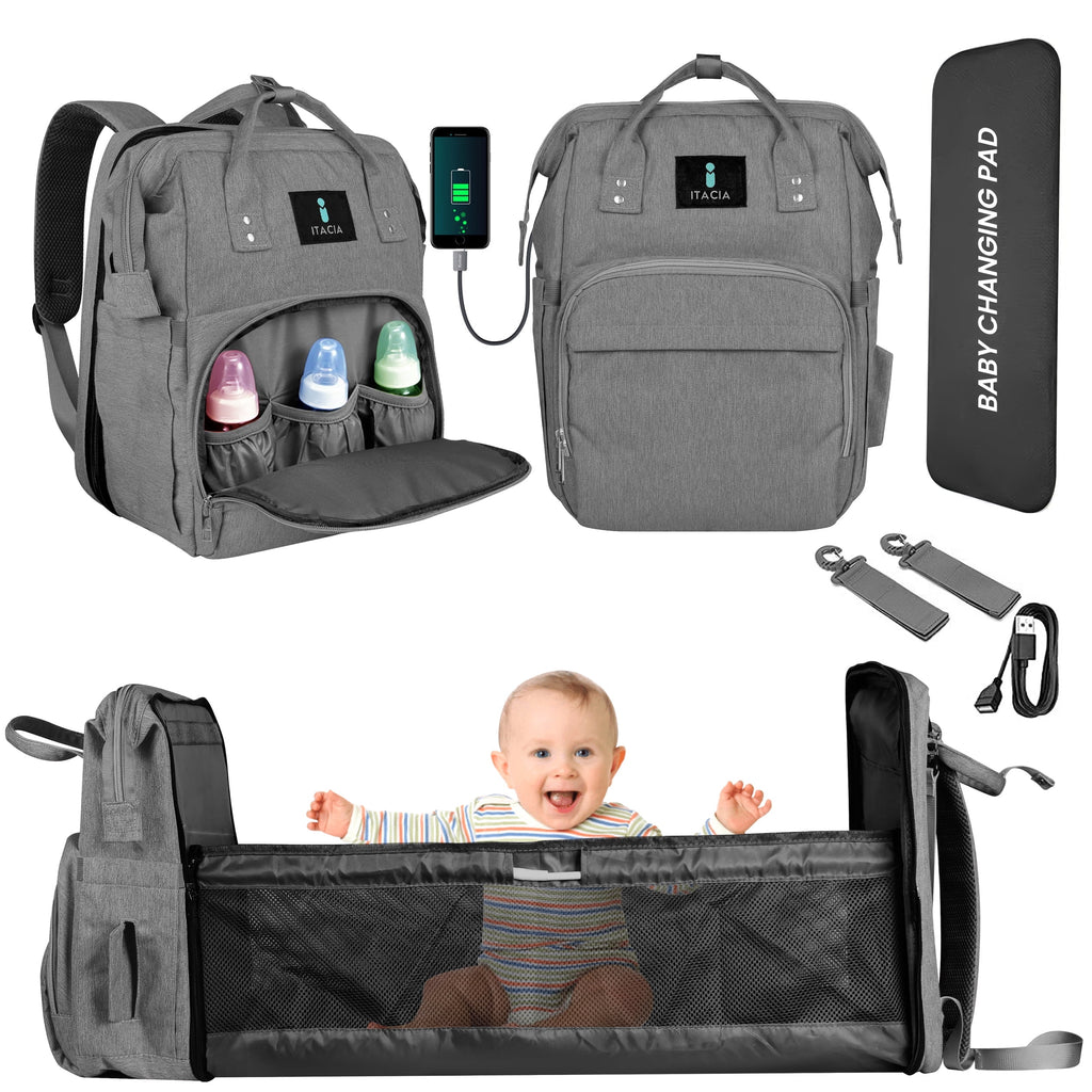 DB231-ITACIA Baby Diaper Bag Backpack With Changing Station-Grey