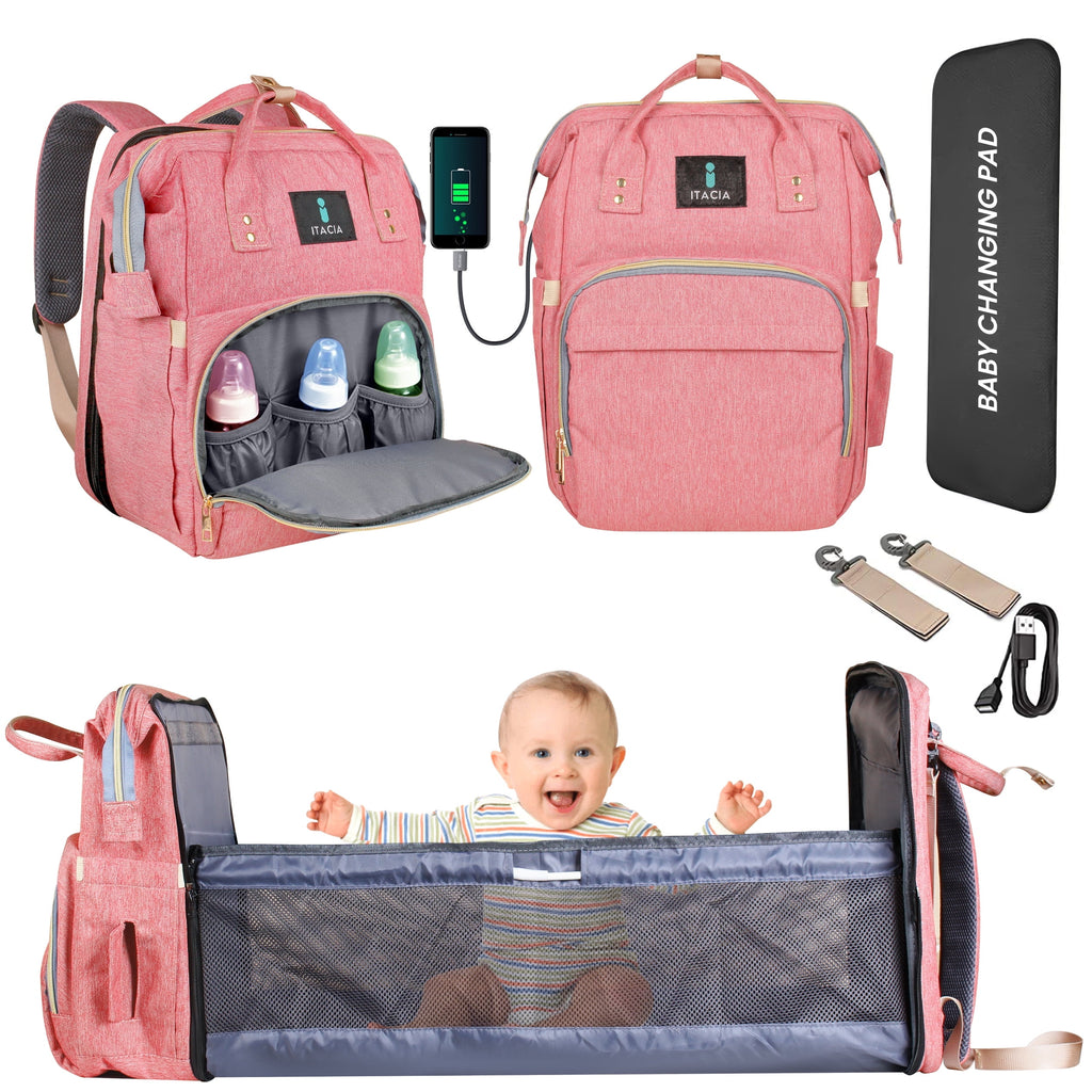 DB230-ITACIA Baby Diaper Bag Backpack With Changing Station-Pink