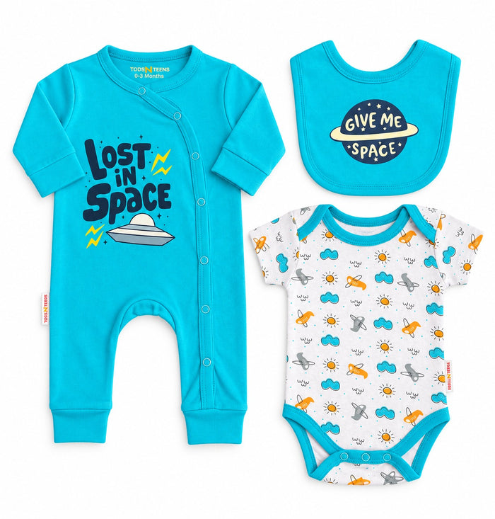 Newborn 3-Piece Bodysuit, Romper & Bib Set (0-6M)