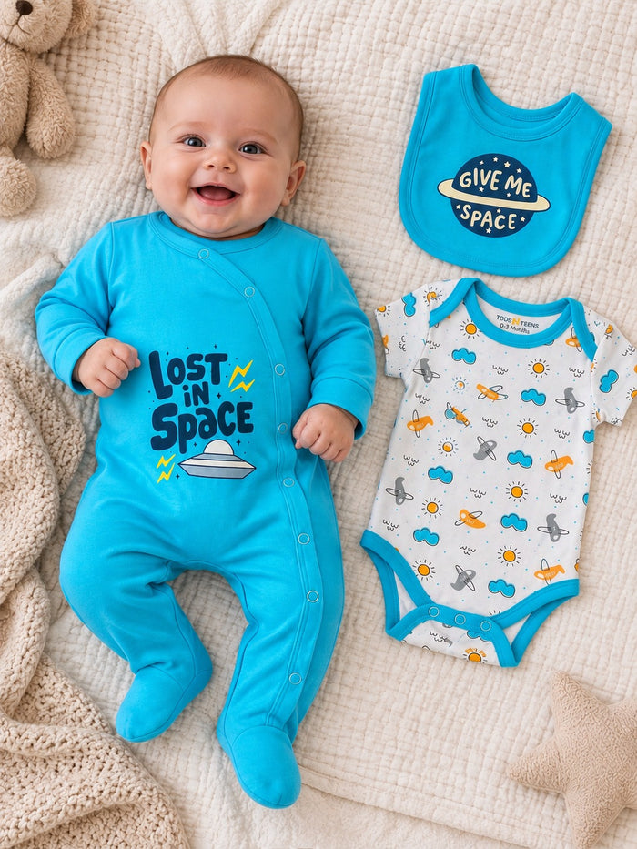 Newborn 3-Piece Bodysuit, Romper & Bib Set (0-6M)