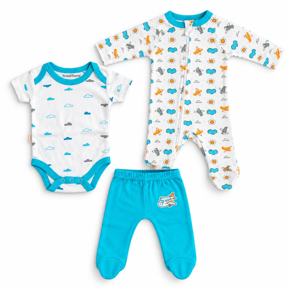 Baby 3-Piece Bodysuit, Romper & Footed Trouser Set (0-12M)