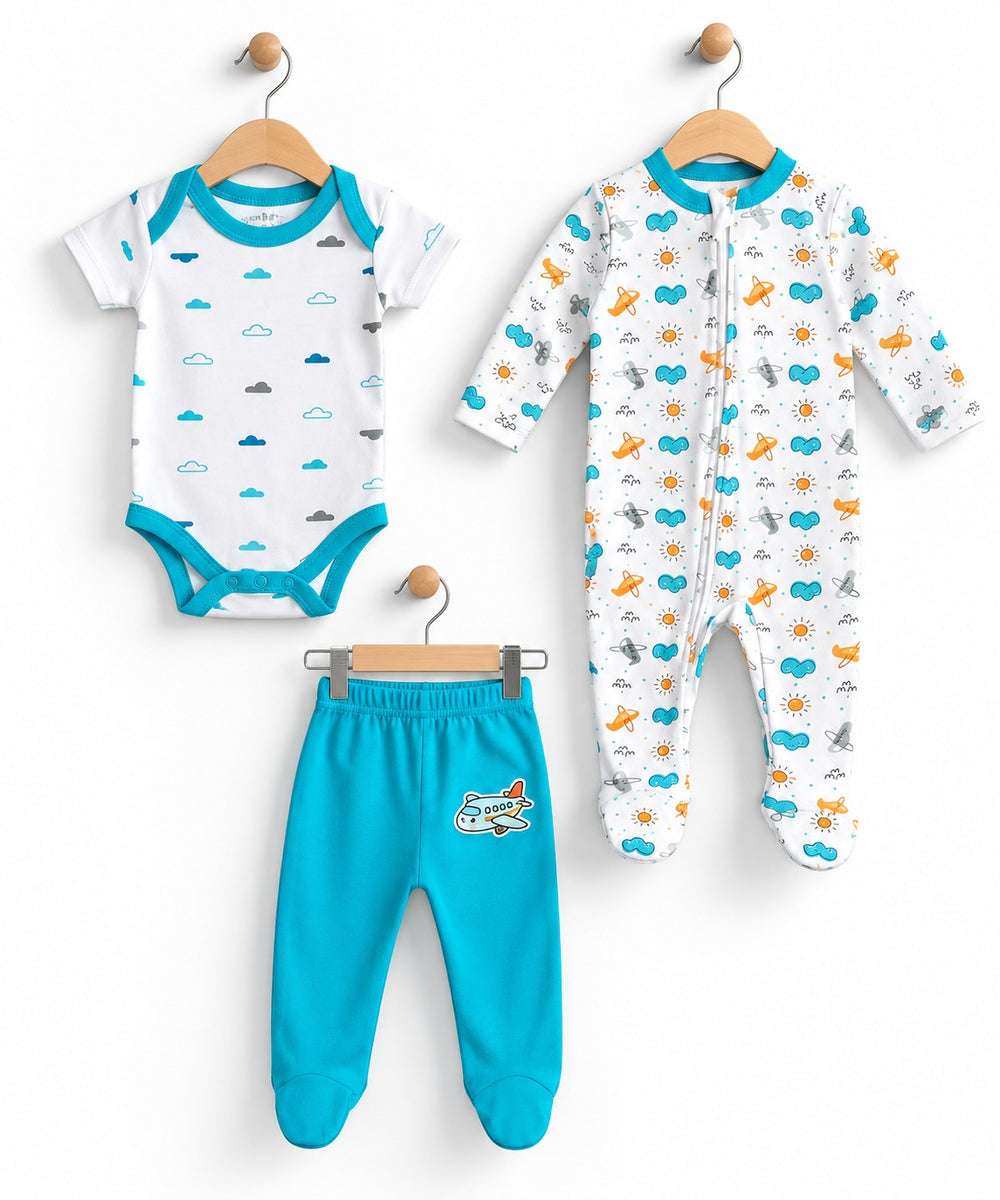 Baby 3-Piece Bodysuit, Romper & Footed Trouser Set (0-12M)