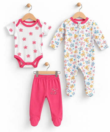 Baby 3-Piece Bodysuit, Romper & Footed Trouser Set (0-12M)
