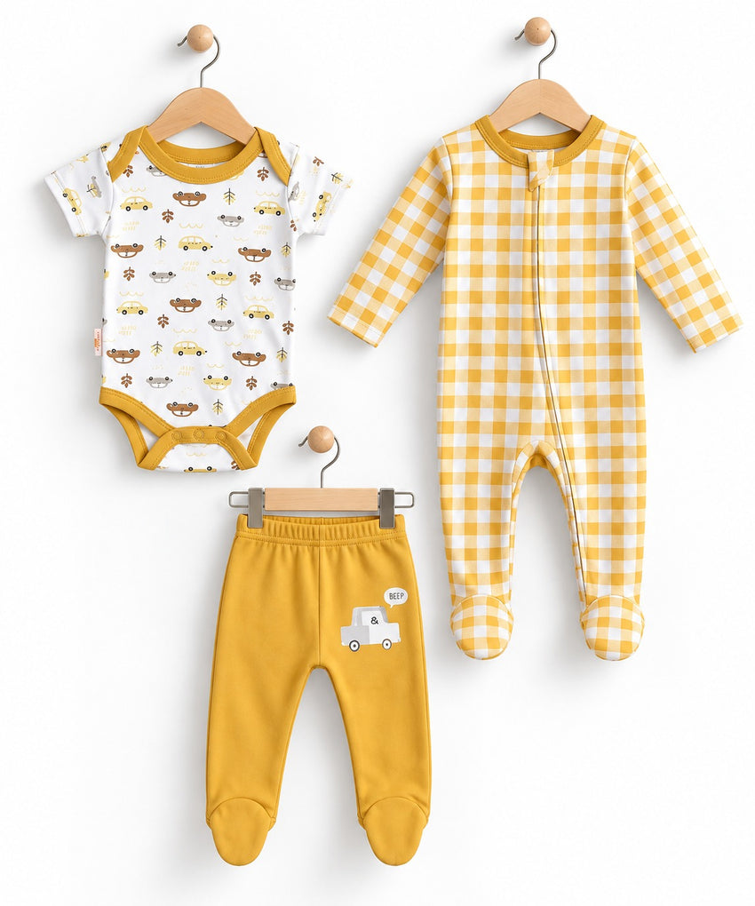 Baby 3-Piece Bodysuit, Romper & Footed Trouser Set (0-12M)