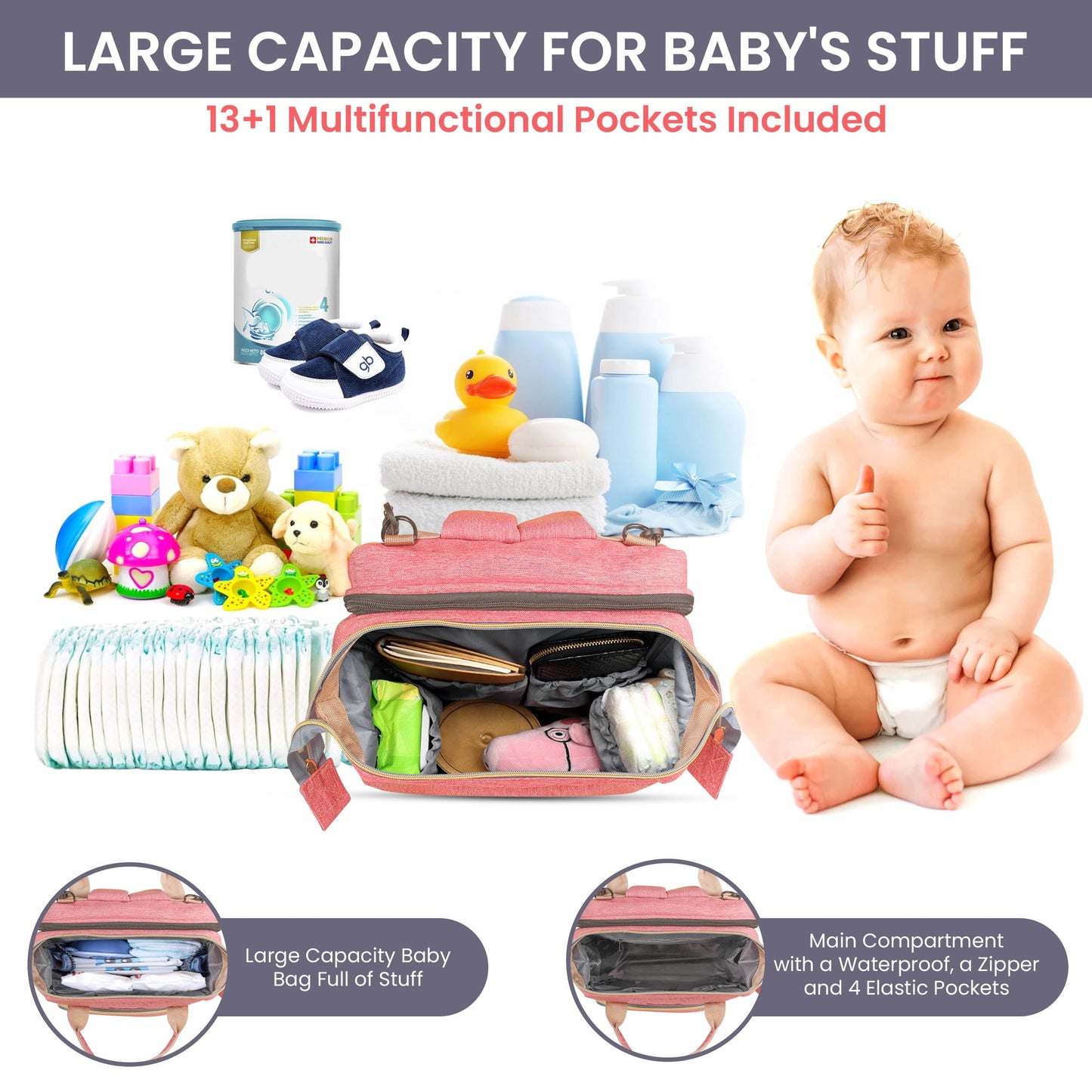 DB230-ITACIA Baby Diaper Bag Backpack With Changing Station-Pink