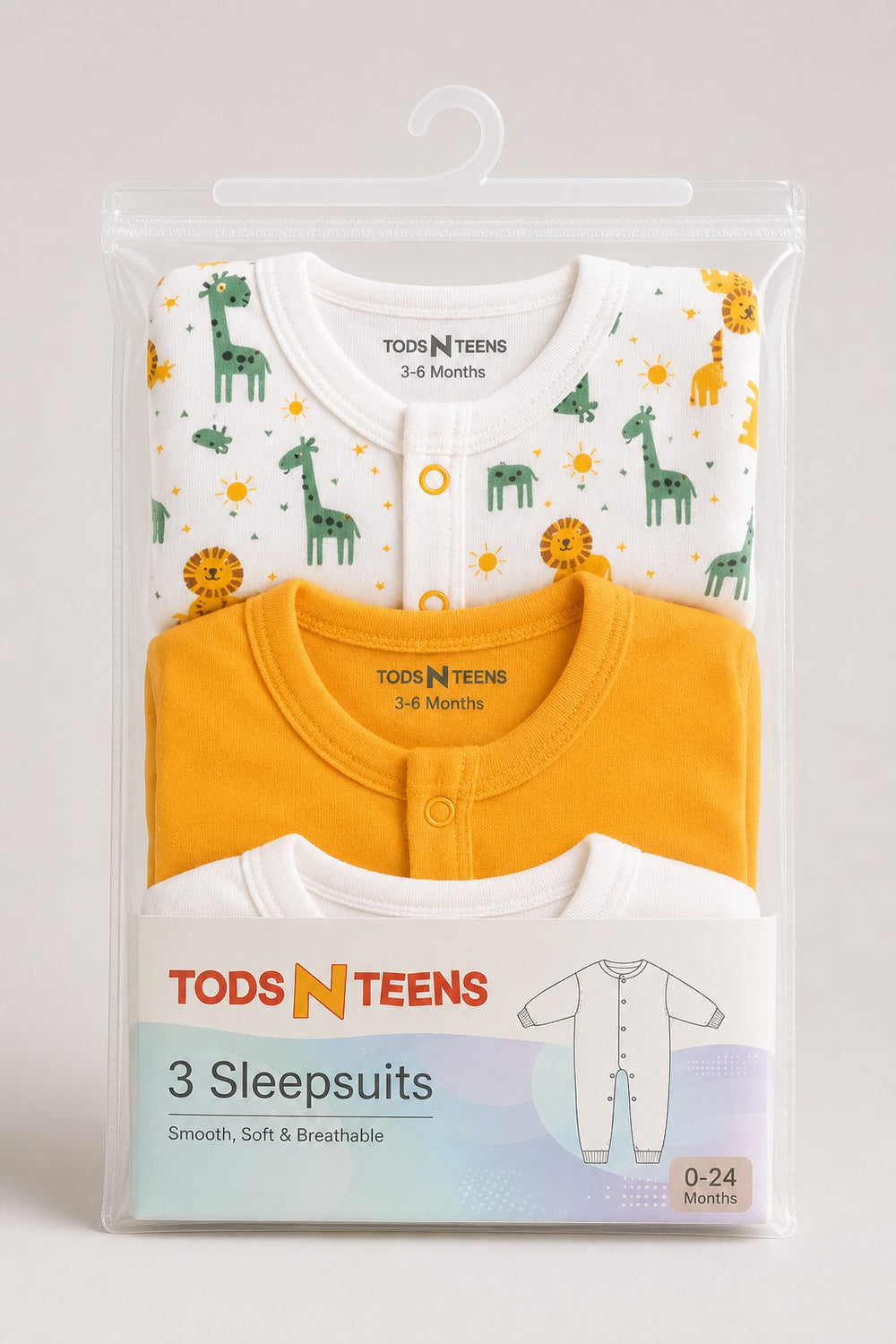 Pack of 3 All-Season Interlock Baby Sleepsuits (0–24 Months)