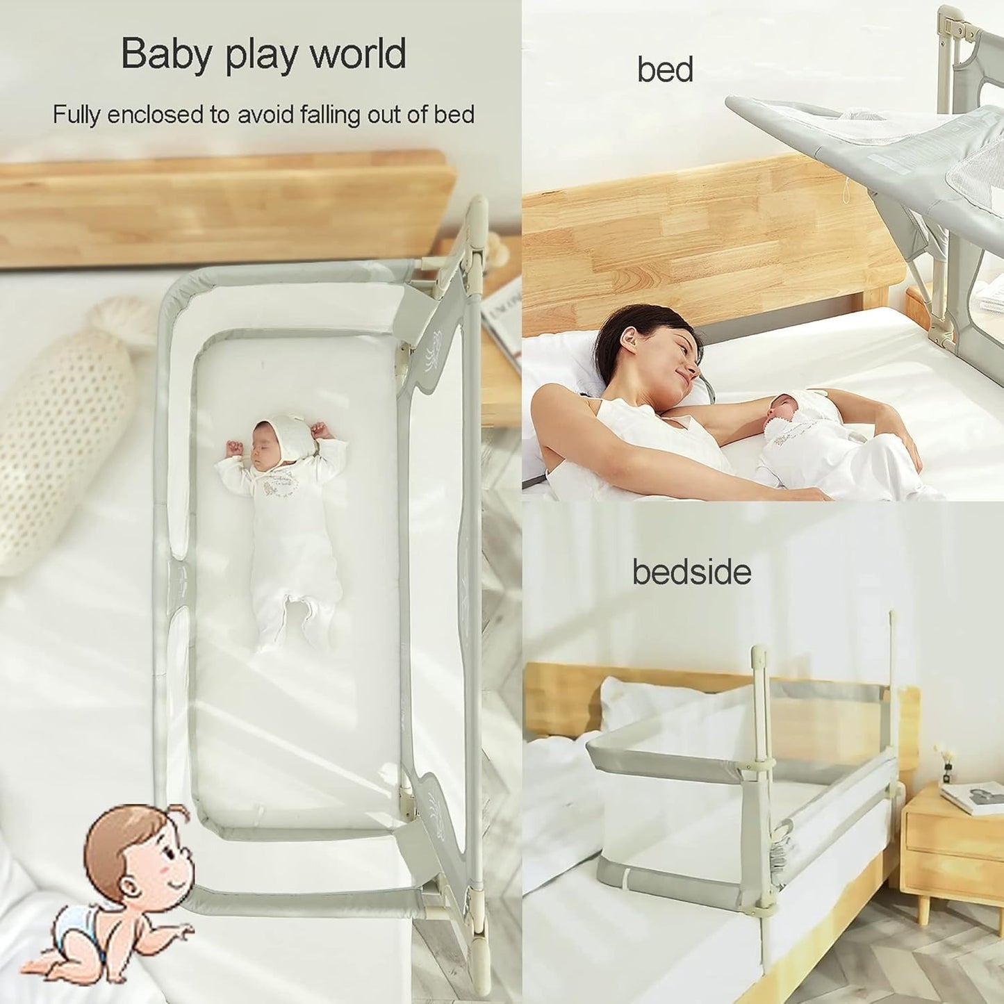 3-in-1 Portable Crib with Rails - Cot Sleeper for Baby in Bed - BZ-B-101