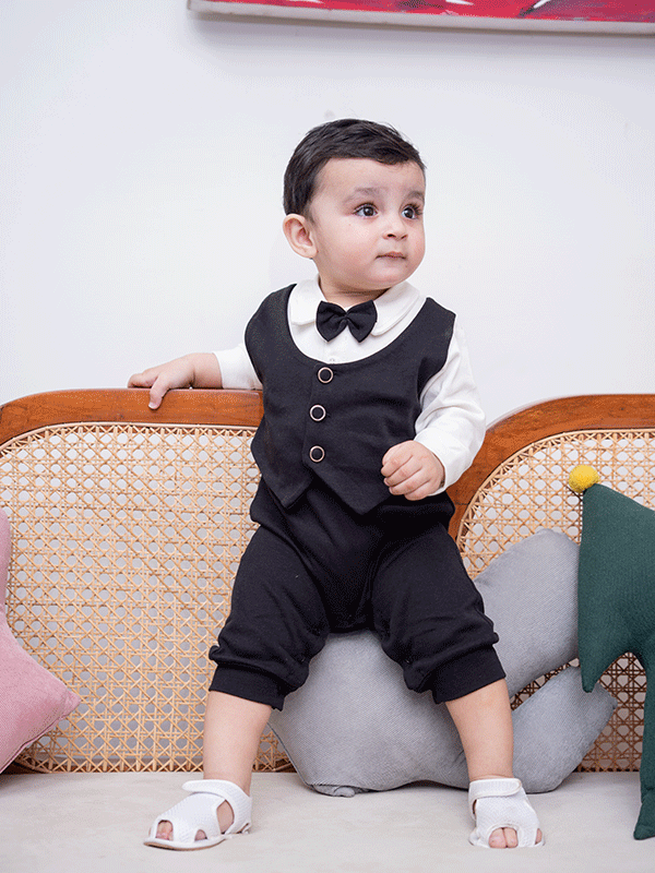 Black & White Waistcoat Tuxedo Romper (0-12M)