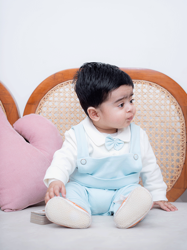 Sky Blue & White Dangree Tuxedo Romper (0-12M)